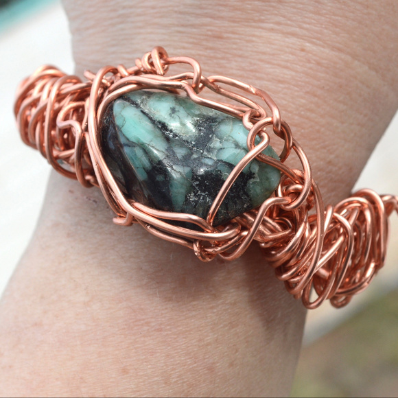 Conceptual Subculture Jewelry - Genuine Emerald Copper Bracelet Wire Wrapped Cuff